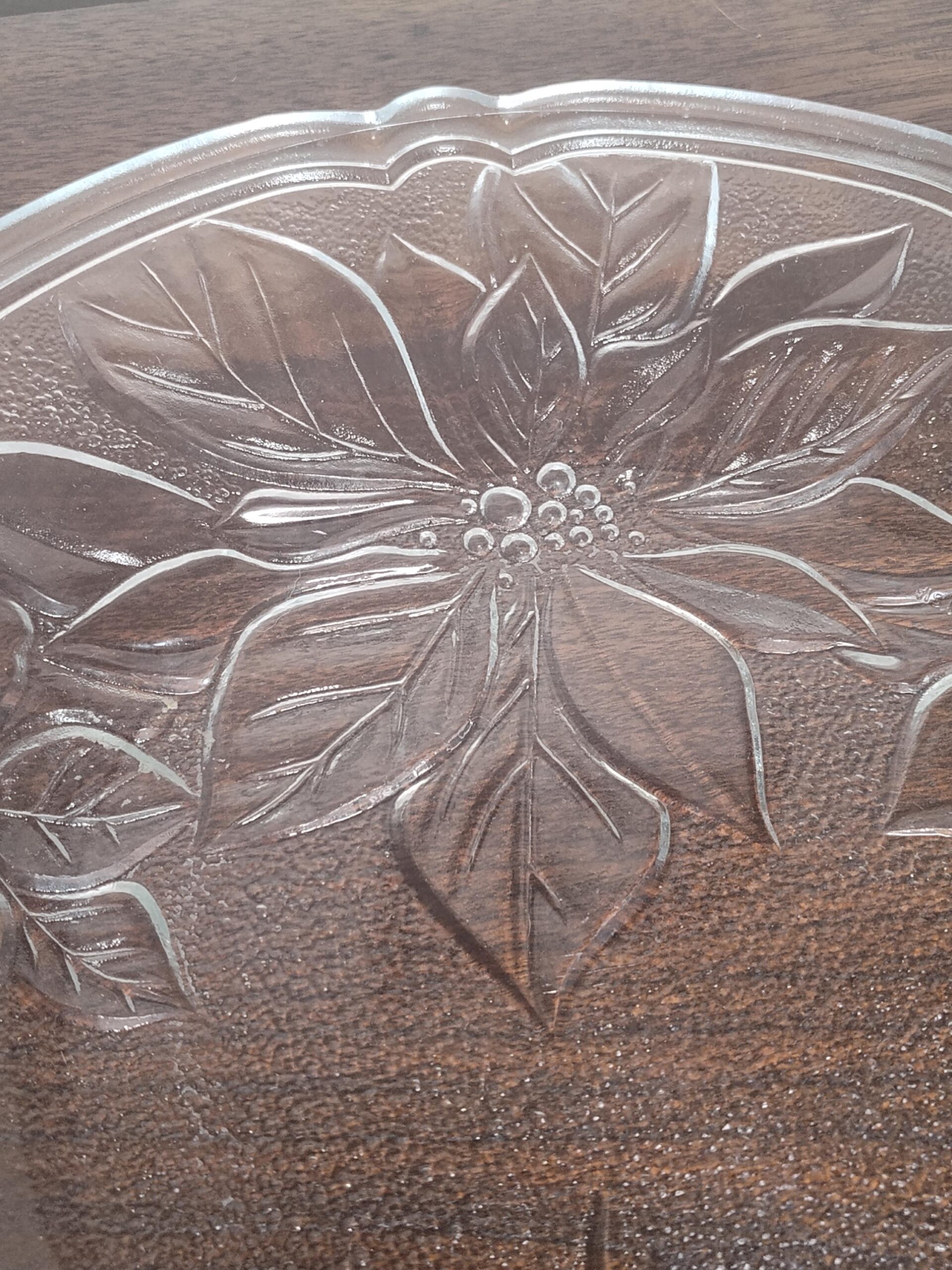 Vintage Clear Glass Christmas Poinsettia Serving Platter 13" Scalloped Edge Holiday Plate Pinecone Berry Embossed Cookie Tray - Image 3