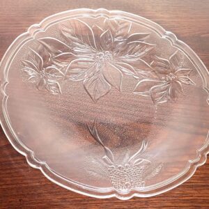Vintage Clear Glass Christmas Poinsettia Serving Platter 13" Scalloped Edge Holiday Plate Pinecone Berry Embossed Cookie Tray