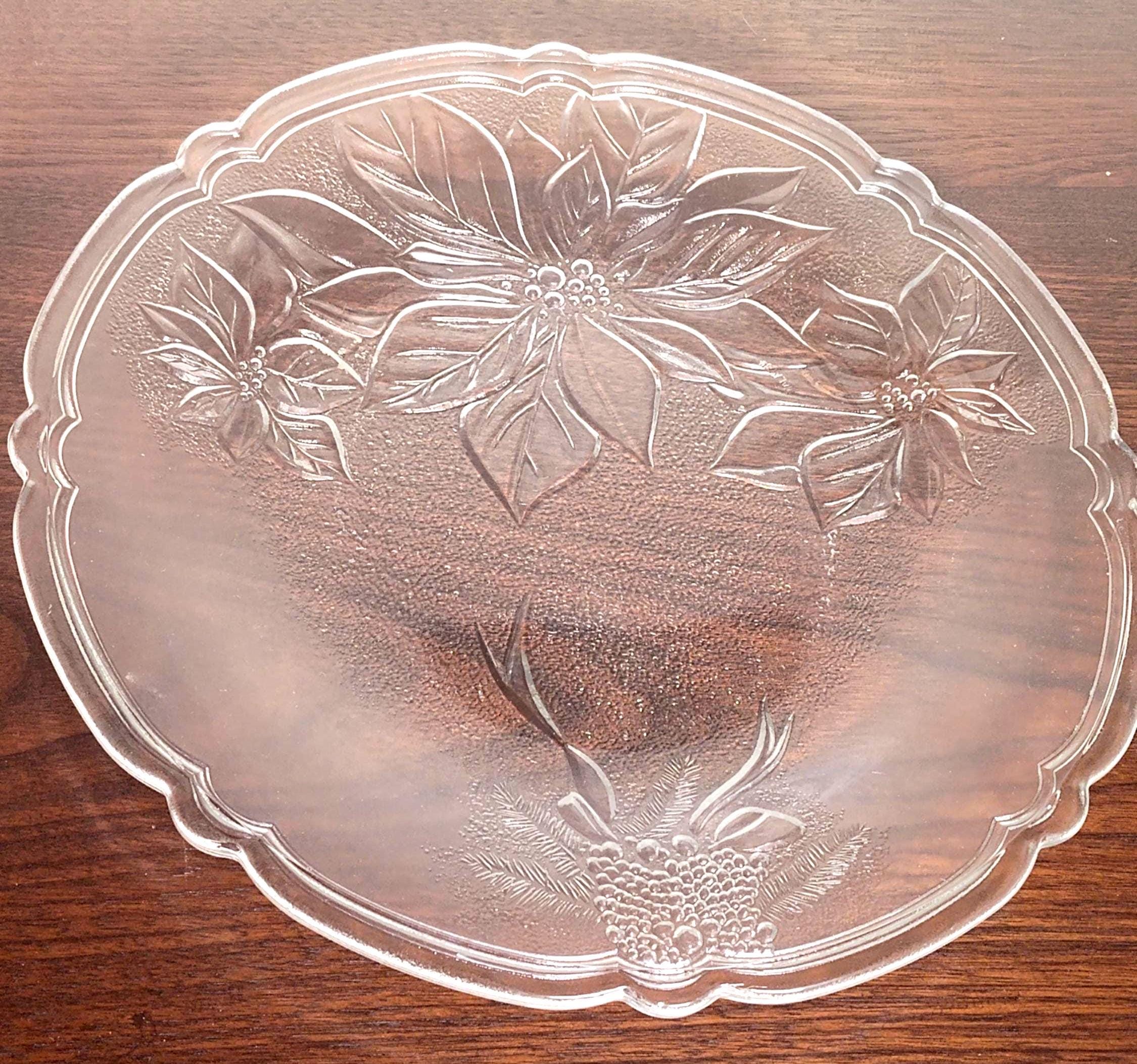 Vintage Clear Glass Christmas Poinsettia Serving Platter 13" Scalloped Edge Holiday Plate Pinecone Berry Embossed Cookie Tray