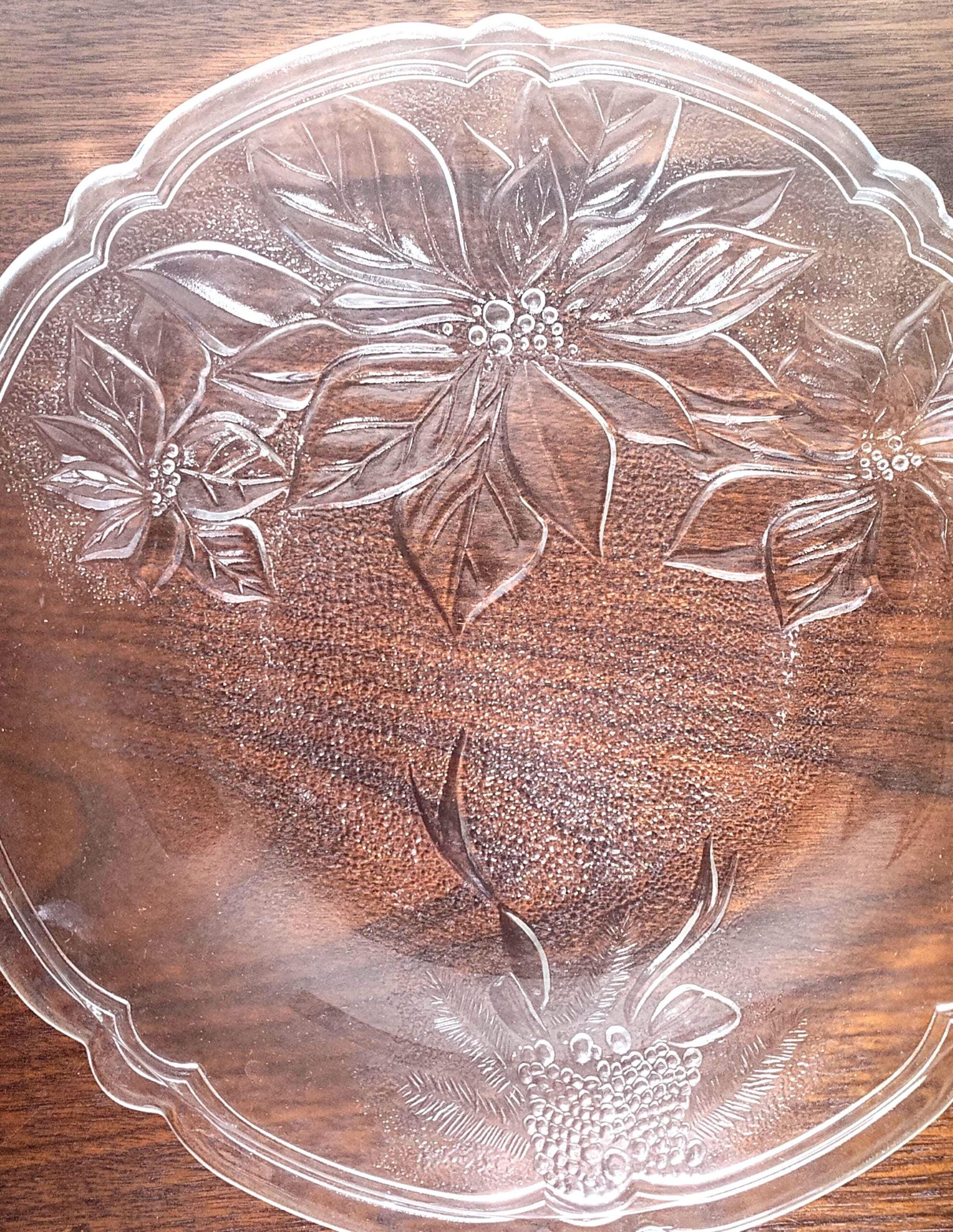 Vintage Clear Glass Christmas Poinsettia Serving Platter 13" Scalloped Edge Holiday Plate Pinecone Berry Embossed Cookie Tray - Image 2