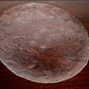 Vintage Clear Glass Pinecone Pine Needle Serving Platter 13" Embossed Winter Holiday Plate Ribbon Bow Rustic Woodland Cookie Tray