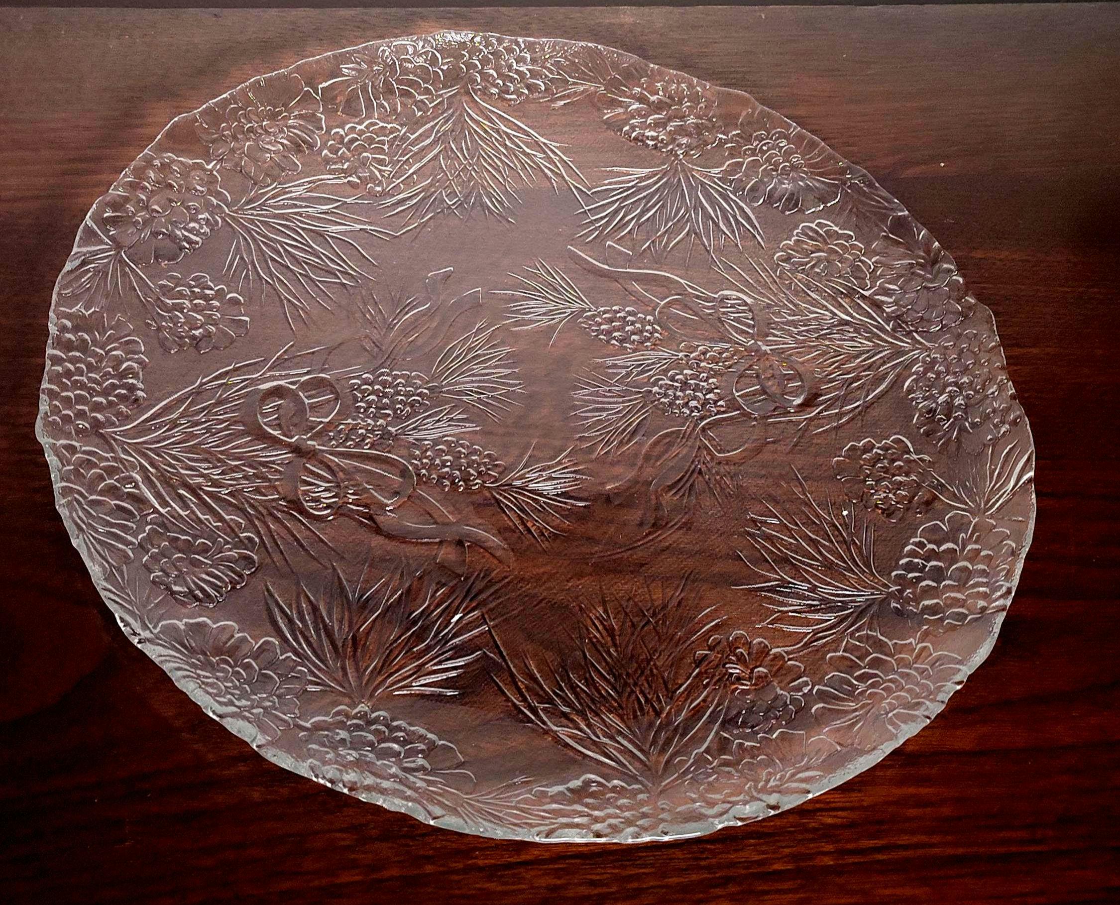 Vintage Clear Glass Pinecone Pine Needle Serving Platter 13" Embossed Winter Holiday Plate Ribbon Bow Rustic Woodland Cookie Tray