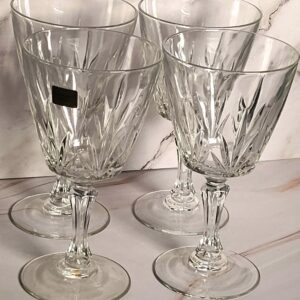 Vintage Luminarc France Cut Glass Water Goblets Set of 4 Verrerie D'Arques Crystal Stemware Leaf Pattern 6 3/4 Inch French Glassware