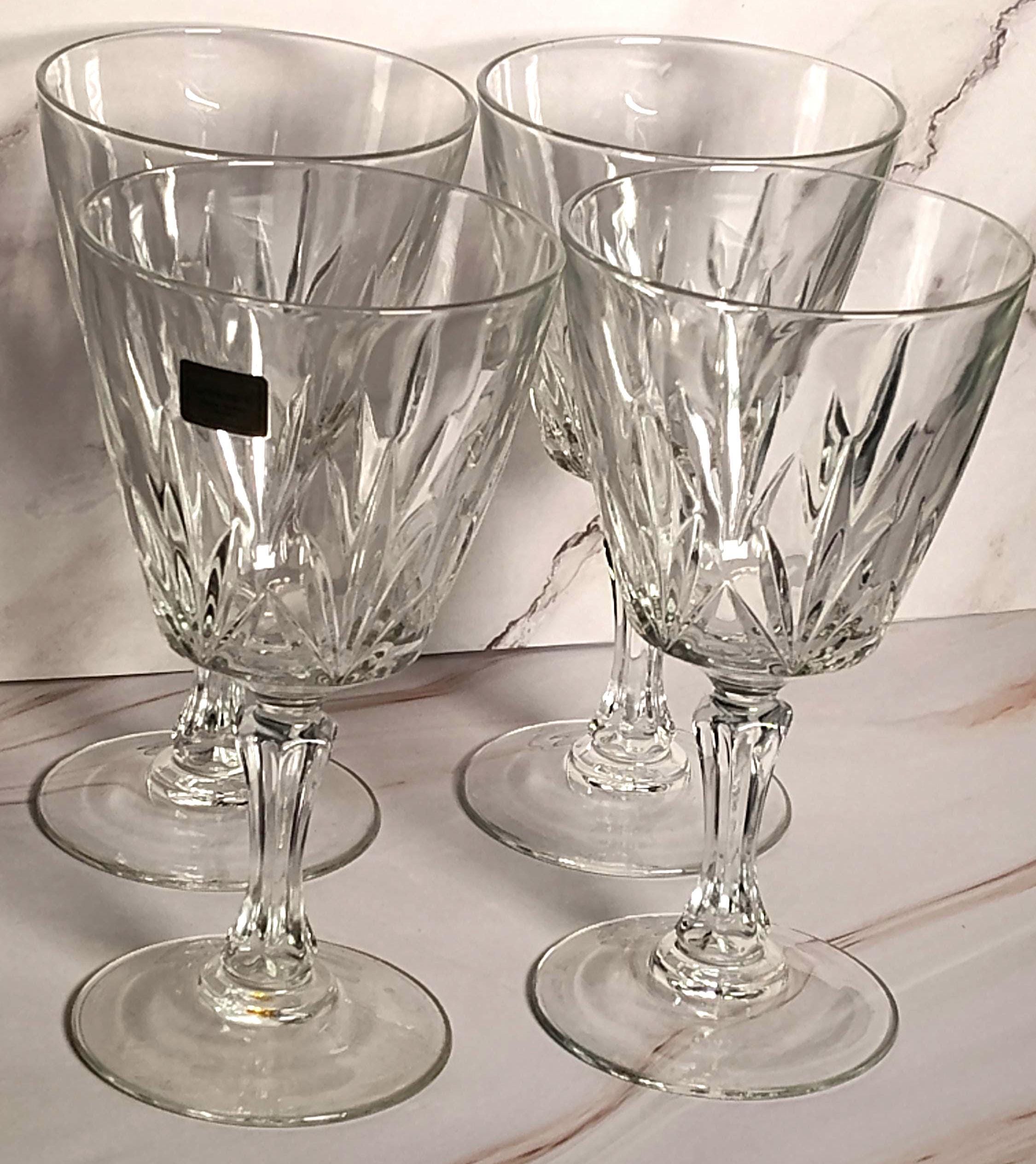 Vintage Luminarc France Cut Glass Water Goblets Set of 4 Verrerie D'Arques Crystal Stemware Leaf Pattern 6 3/4 Inch French Glassware