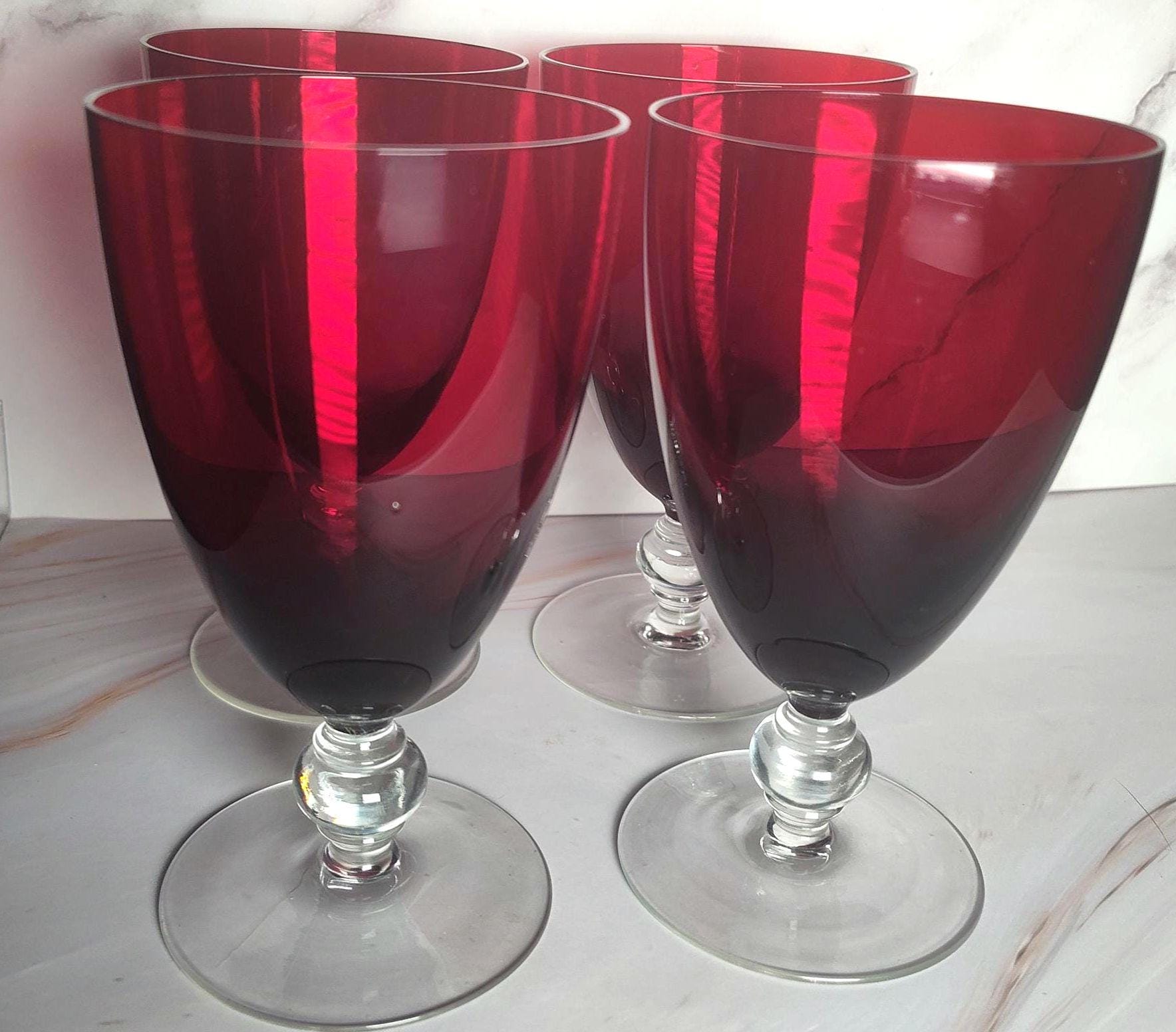 Set 4 Ruby Red Crystal Wine Goblets with Clear Ball Stem – Mid Century Barware