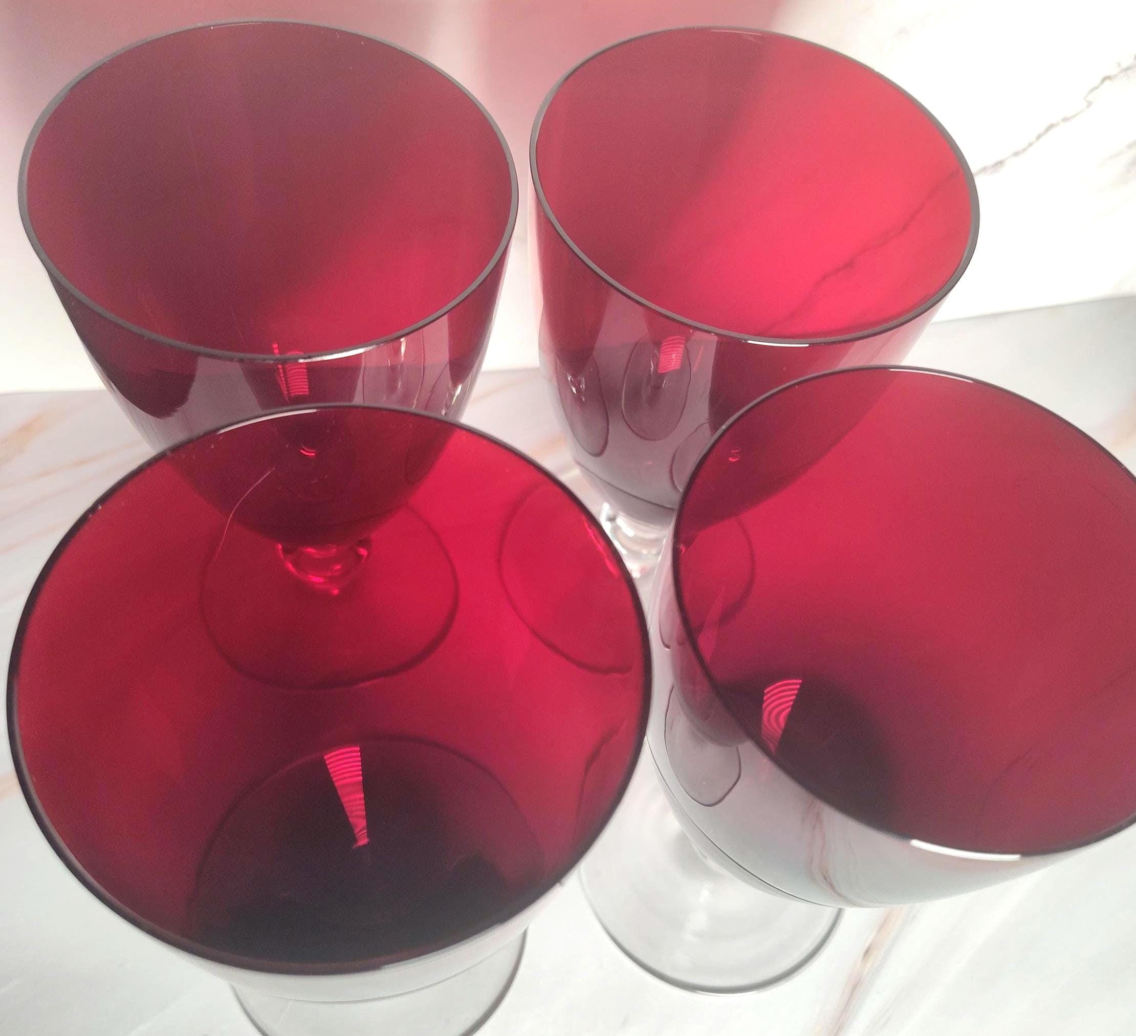 Set 4 Ruby Red Crystal Wine Goblets with Clear Ball Stem – Mid Century Barware - Image 2