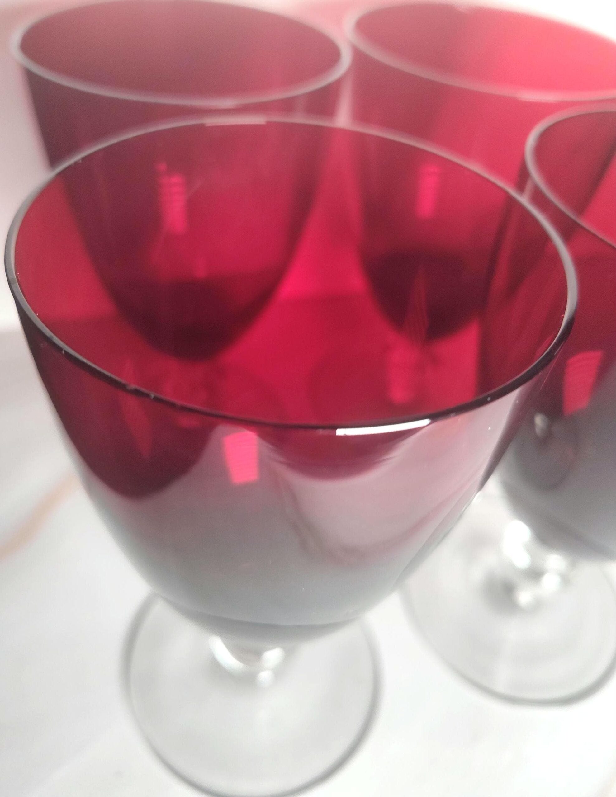 Set 4 Ruby Red Crystal Wine Goblets with Clear Ball Stem – Mid Century Barware - Image 3