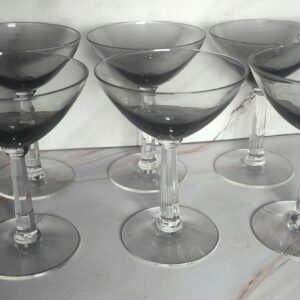 Vintage Smoke Gray Champagne Coupe Glasses Set of 6, Mid Century Modern Faceted Stem