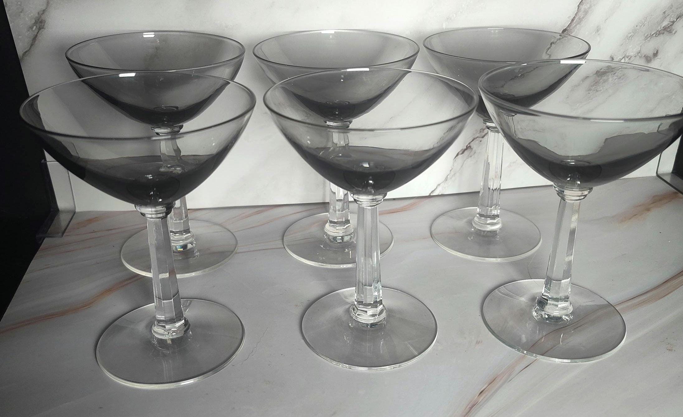 Vintage Smoke Gray Champagne Coupe Glasses Set of 6, Mid Century Modern Faceted Stem