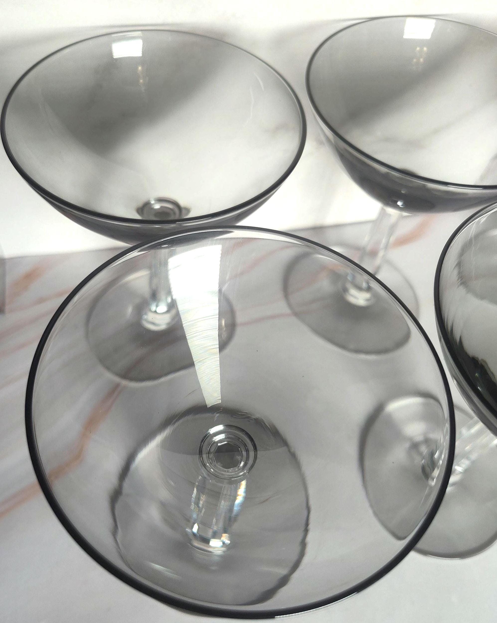 Vintage Smoke Gray Champagne Coupe Glasses Set of 6, Mid Century Modern Faceted Stem - Image 3