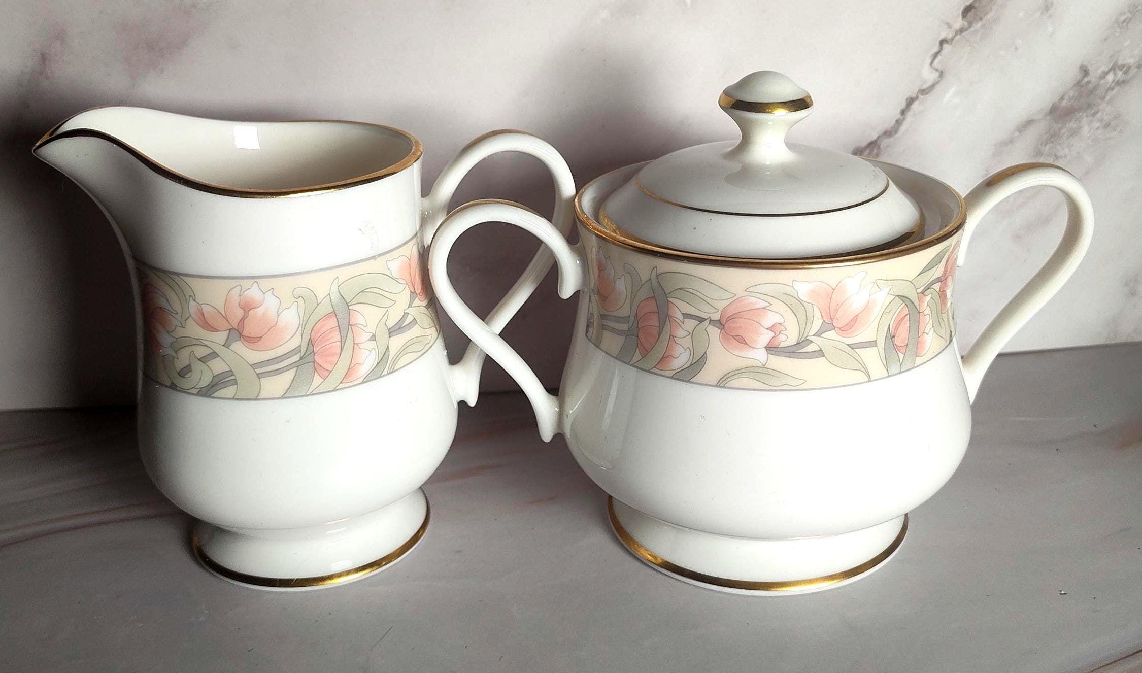 Gorham Wingate Creamer Sugar Set: Peach Floral Fine China Gold Trim