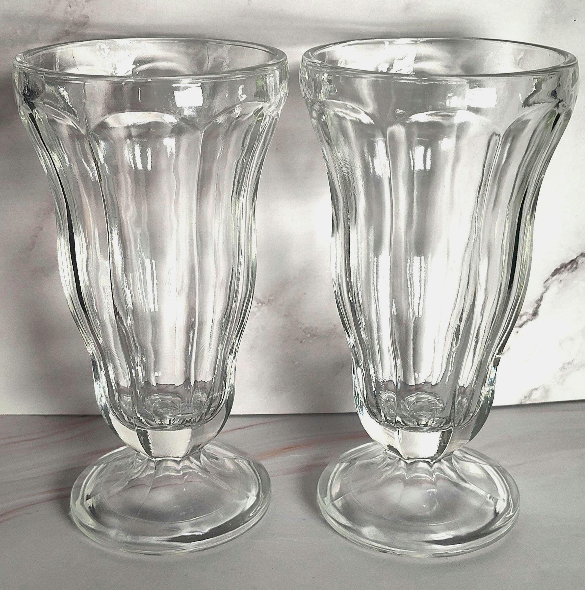 Vintage Ribbed Soda Fountain Glasses Pair, Milkshake Sundae Parfait Diner Glasses