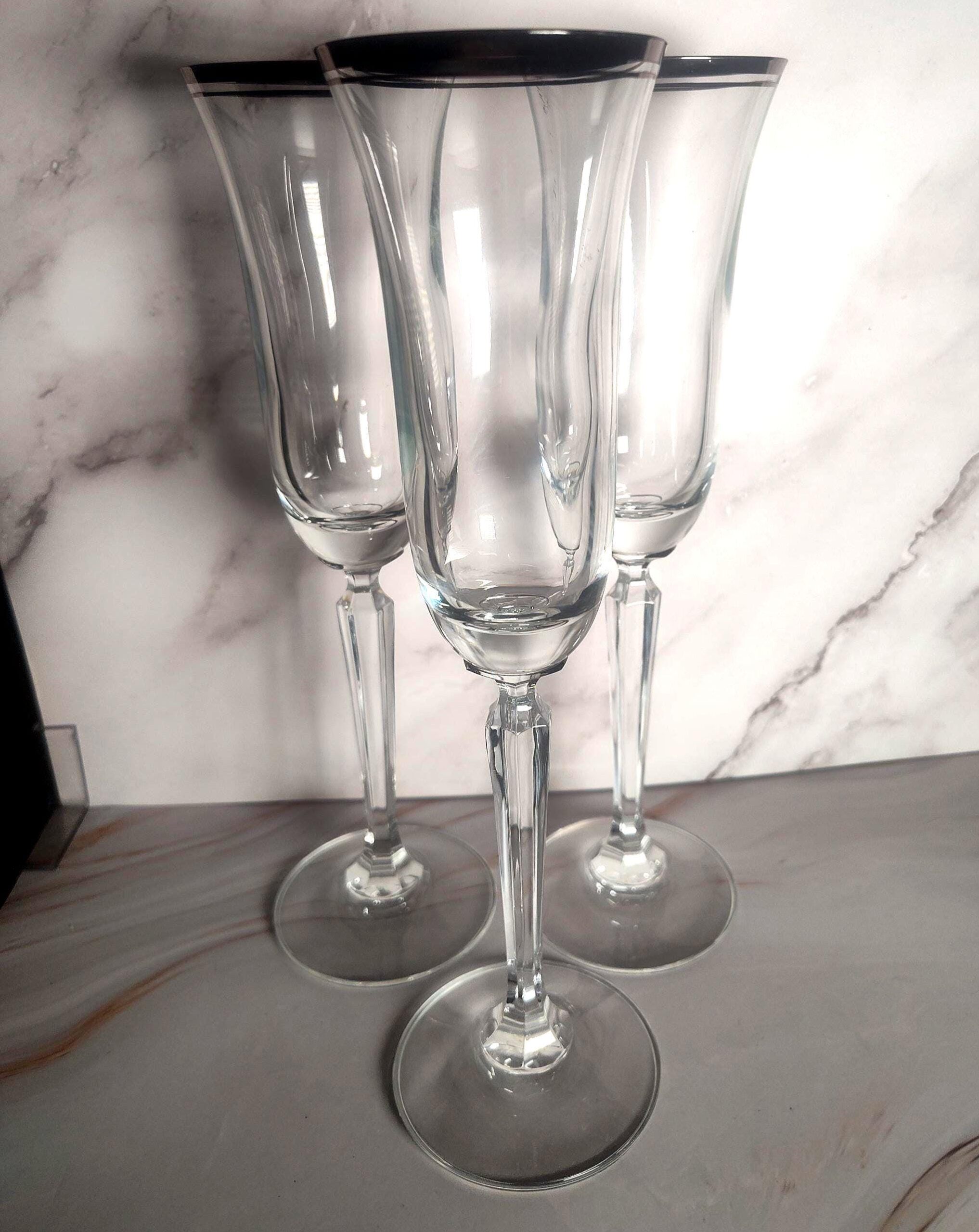 Mikasa Briarcliffe Platinum Rim Lead Crystal Champagne Flutes Set of 3 Faceted Stem