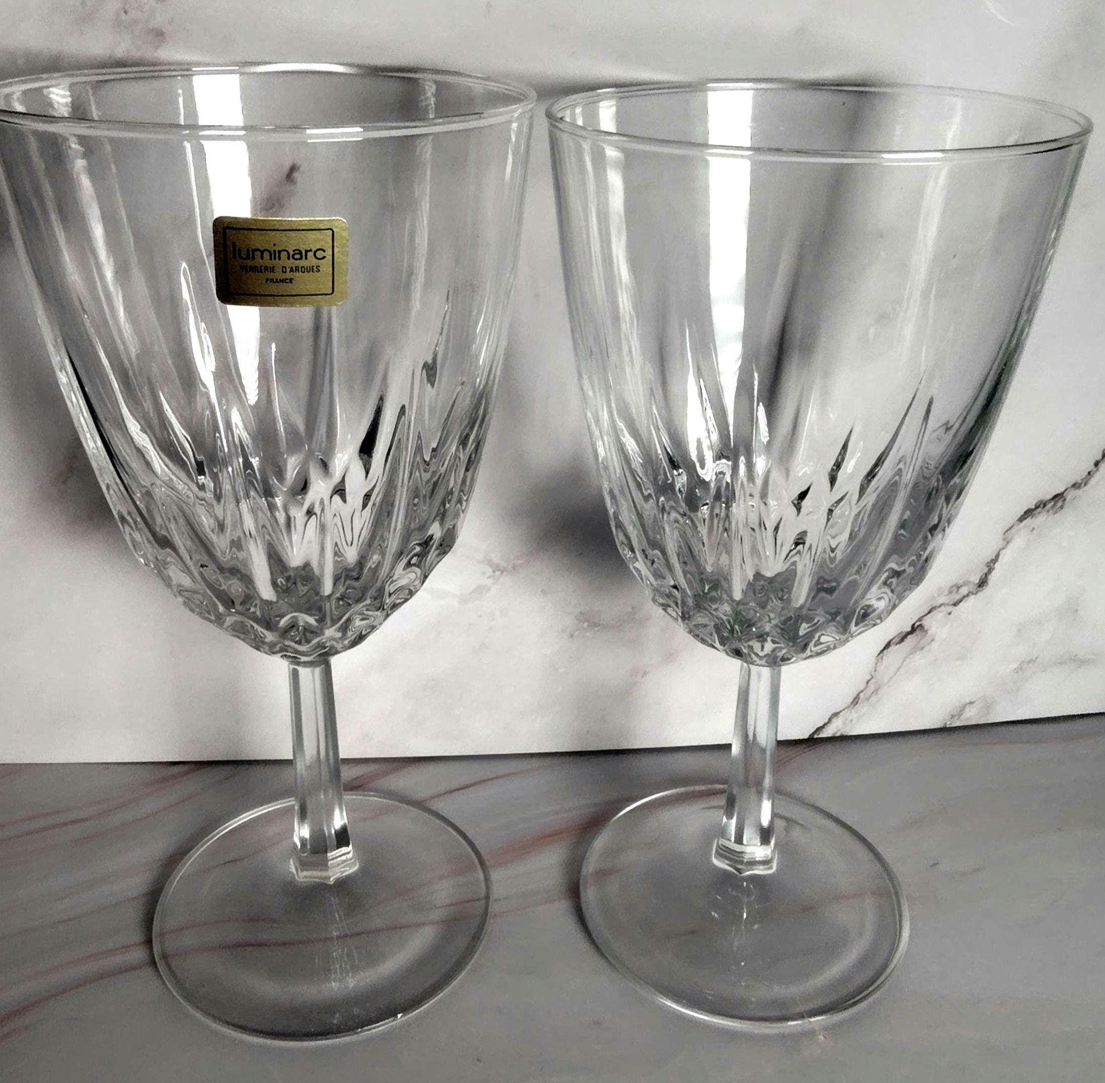 Luminarc Diamant Wine Glasses Pair Verrerie D'Arques France Cut Glass Faceted Stem with Sticker