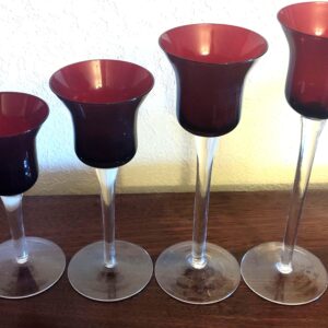 Vintage Ruby Red Tulip Votive Candle Holders Set of 4 Graduated Heights Clear Stem