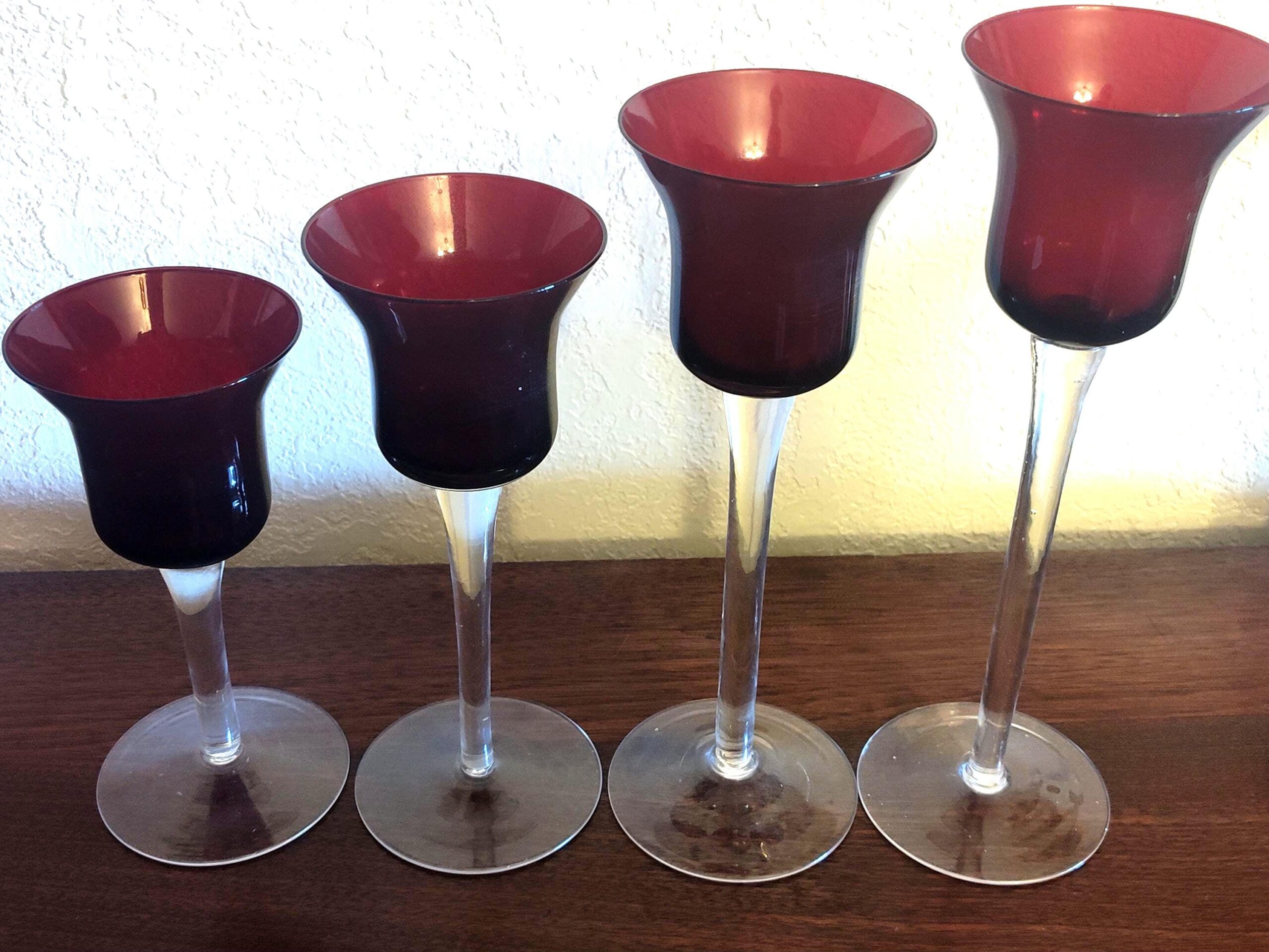 Vintage Ruby Red Tulip Votive Candle Holders Set of 4 Graduated Heights Clear Stem