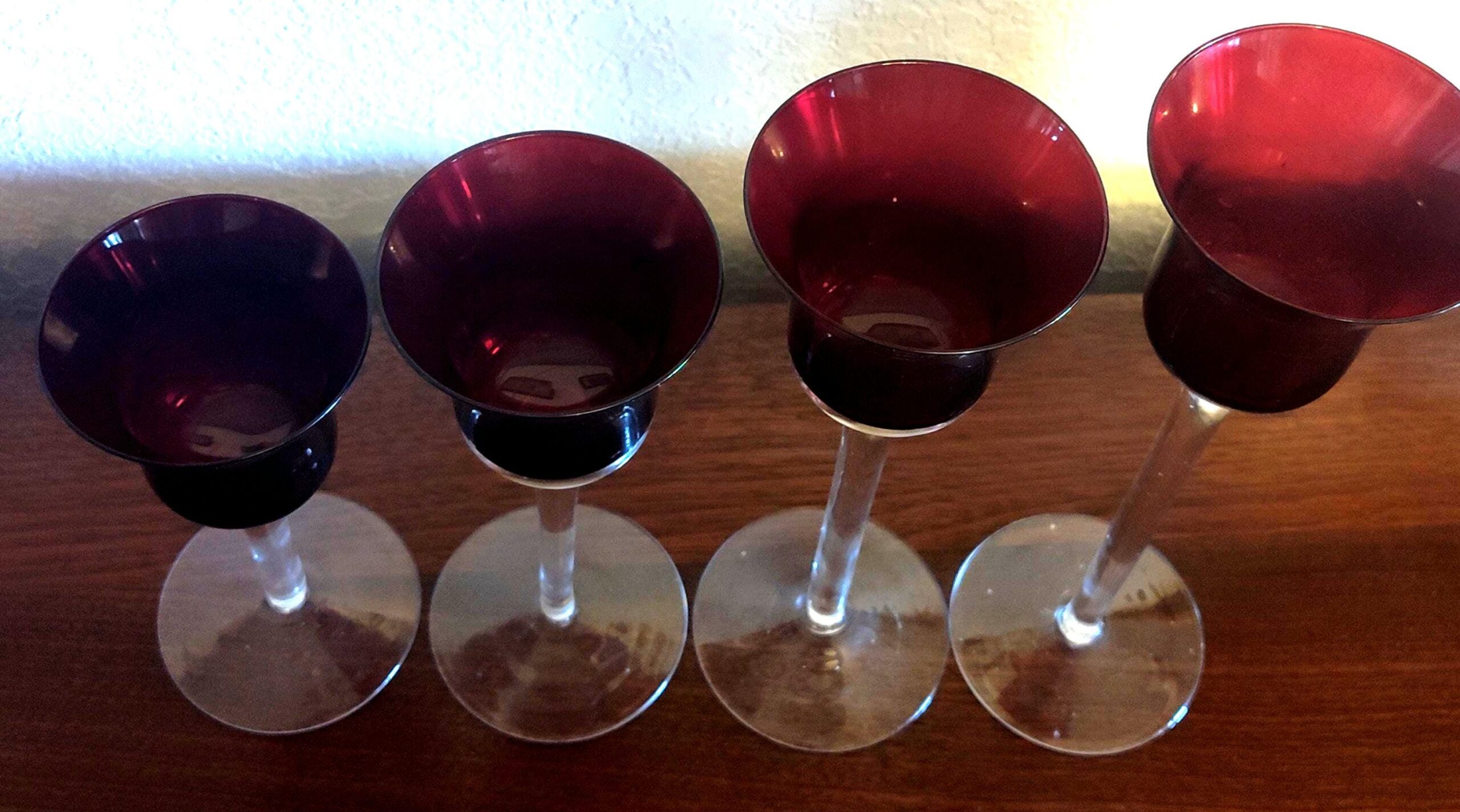 Vintage Ruby Red Tulip Votive Candle Holders Set of 4 Graduated Heights Clear Stem - Image 2