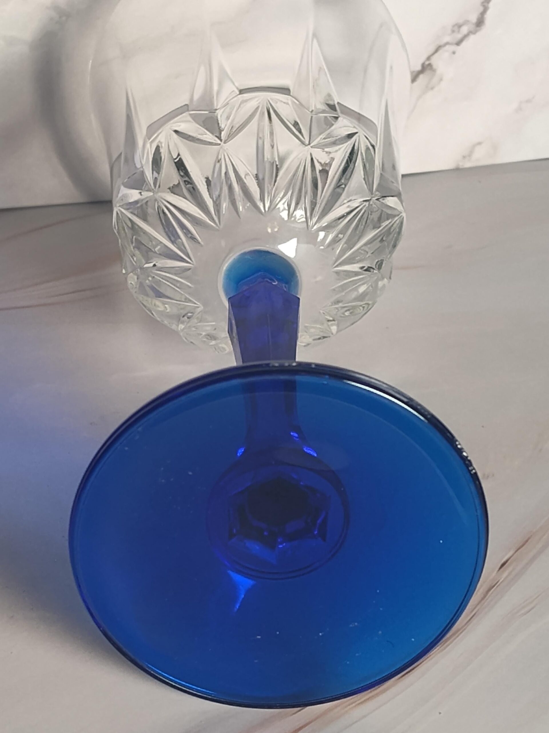 Vintage St George American Heritage Cobalt Blue Stem Crystal Water Goblet 8 Inch Cut Glass Hexagon Stem Jeannette PA Stemware - Image 4