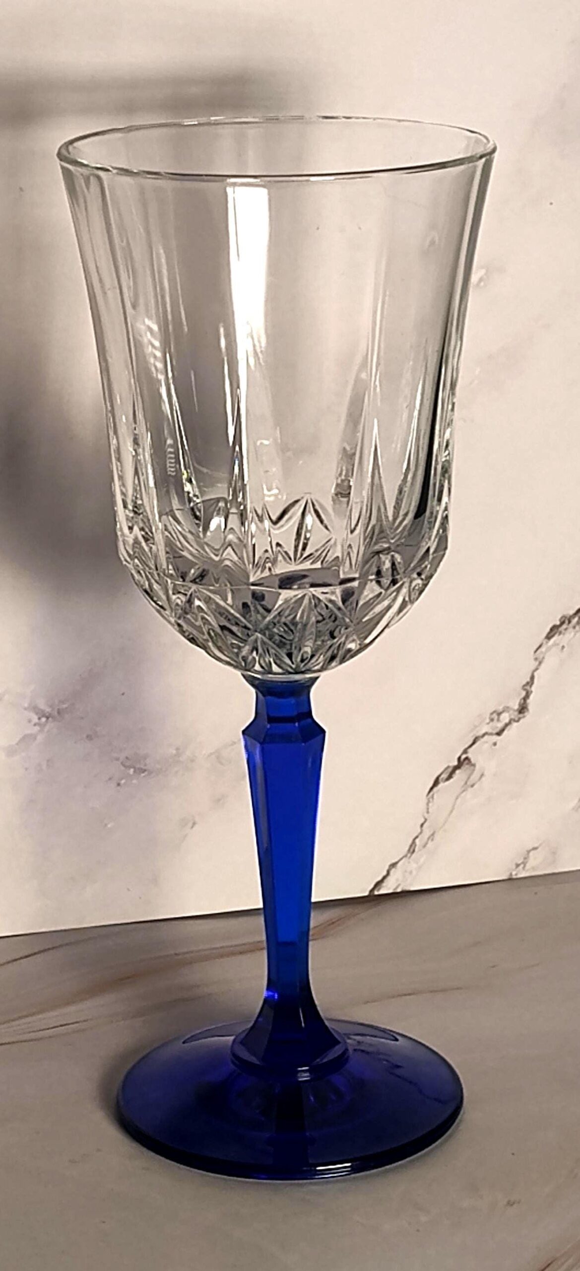 Vintage St George American Heritage Cobalt Blue Stem Crystal Water Goblet 8 Inch Cut Glass Hexagon Stem Jeannette PA Stemware