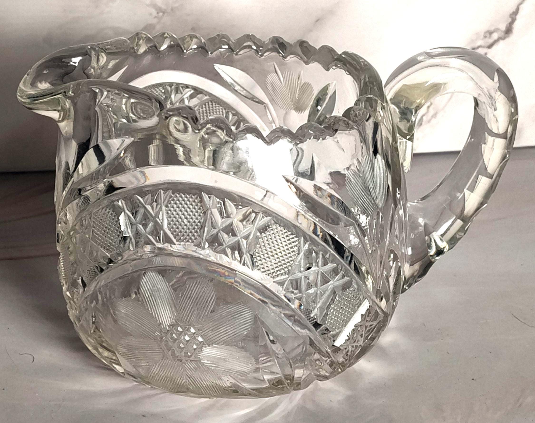 Antique Cut Crystal Creamer Pitcher ABP Style Hobstar Crosshatch Fan Sawtooth Rim