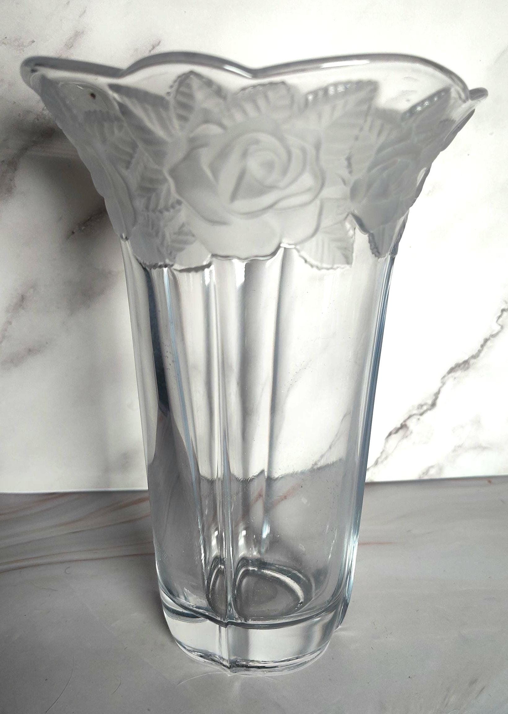 Mikasa Studio Nova Winter Rose Vase Frosted Satin Roses Clear Paneled Glass