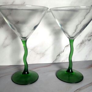 Libbey Z-Stem Green Martini Glasses Pair Zig Zag Wavy Stem Clear Bowl Cocktail