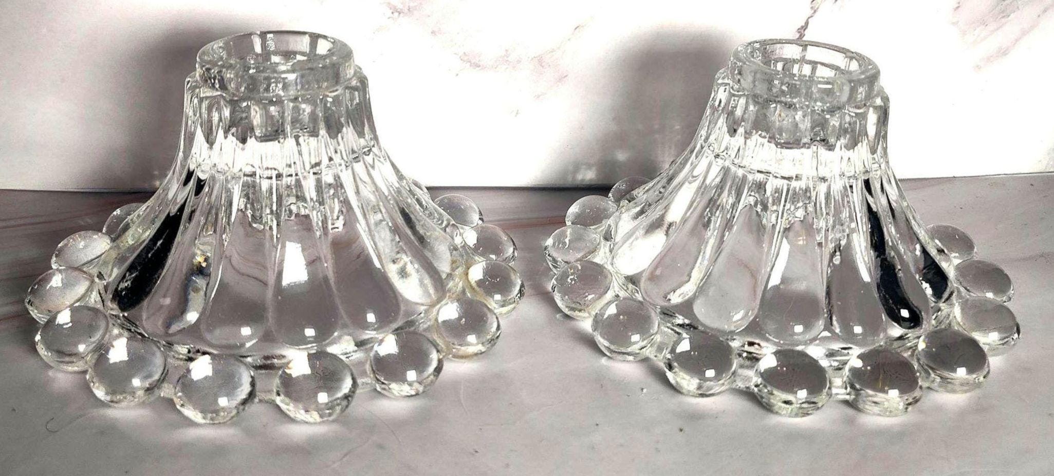 Anchor Hocking Boopie Berwick Candle Holders Pair Clear Glass Bubble Edge Vintage