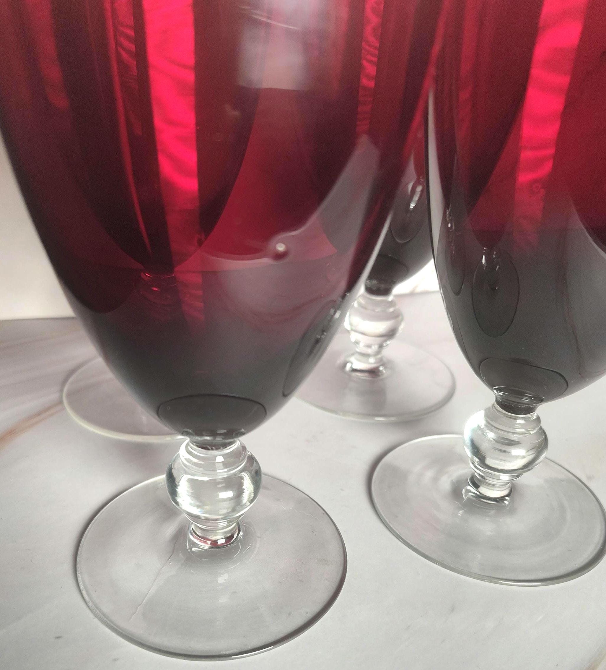 Set 4 Ruby Red Crystal Wine Goblets with Clear Ball Stem – Mid Century Barware - Image 4