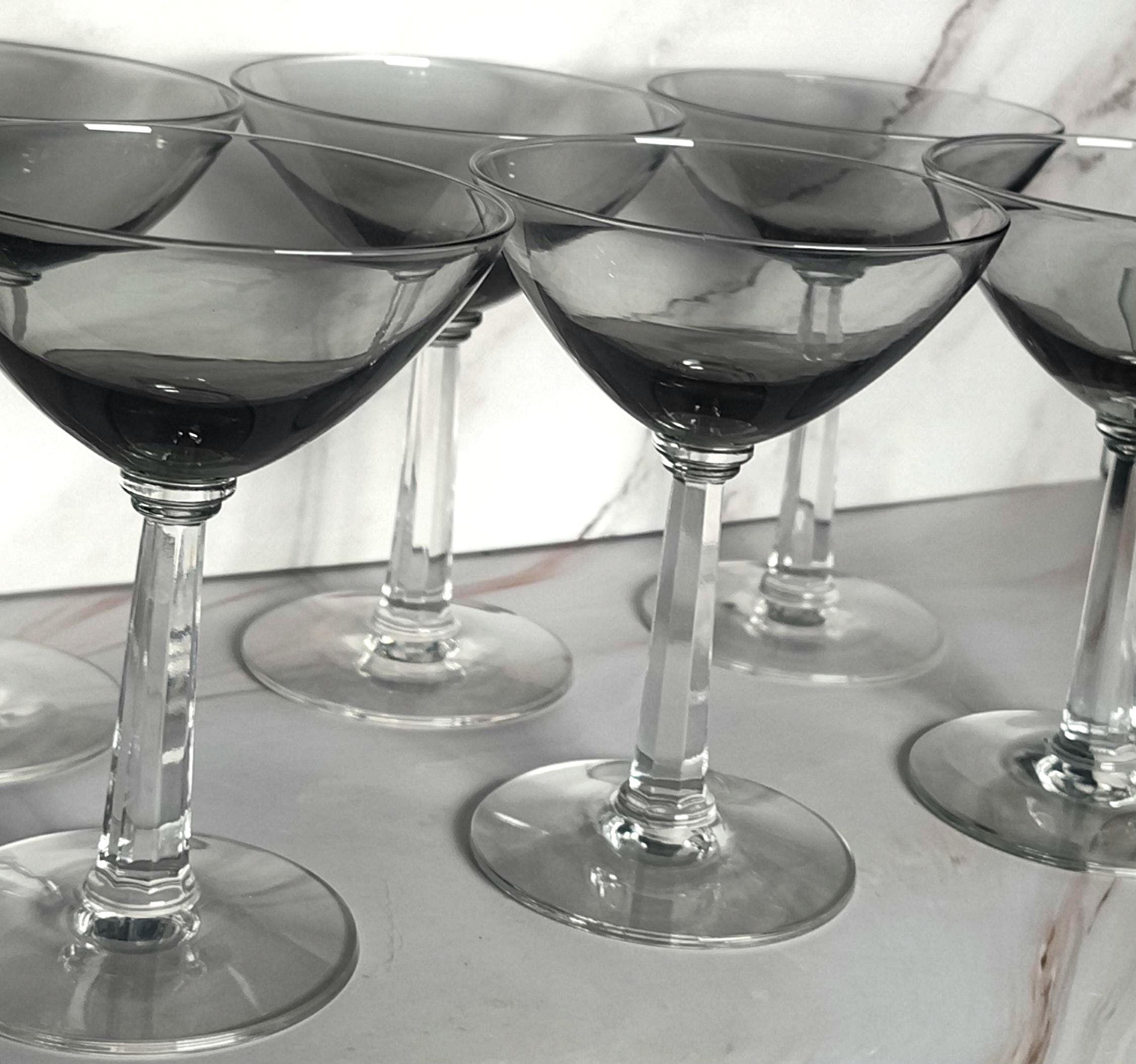 Vintage Smoke Gray Champagne Coupe Glasses Set of 6, Mid Century Modern Faceted Stem - Image 5
