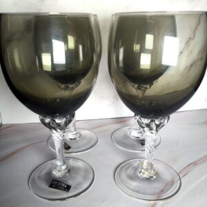 Set of 4 Zylstra Smoke Crystal Wine Goblets, Hand Blown Twisted Stem Barware