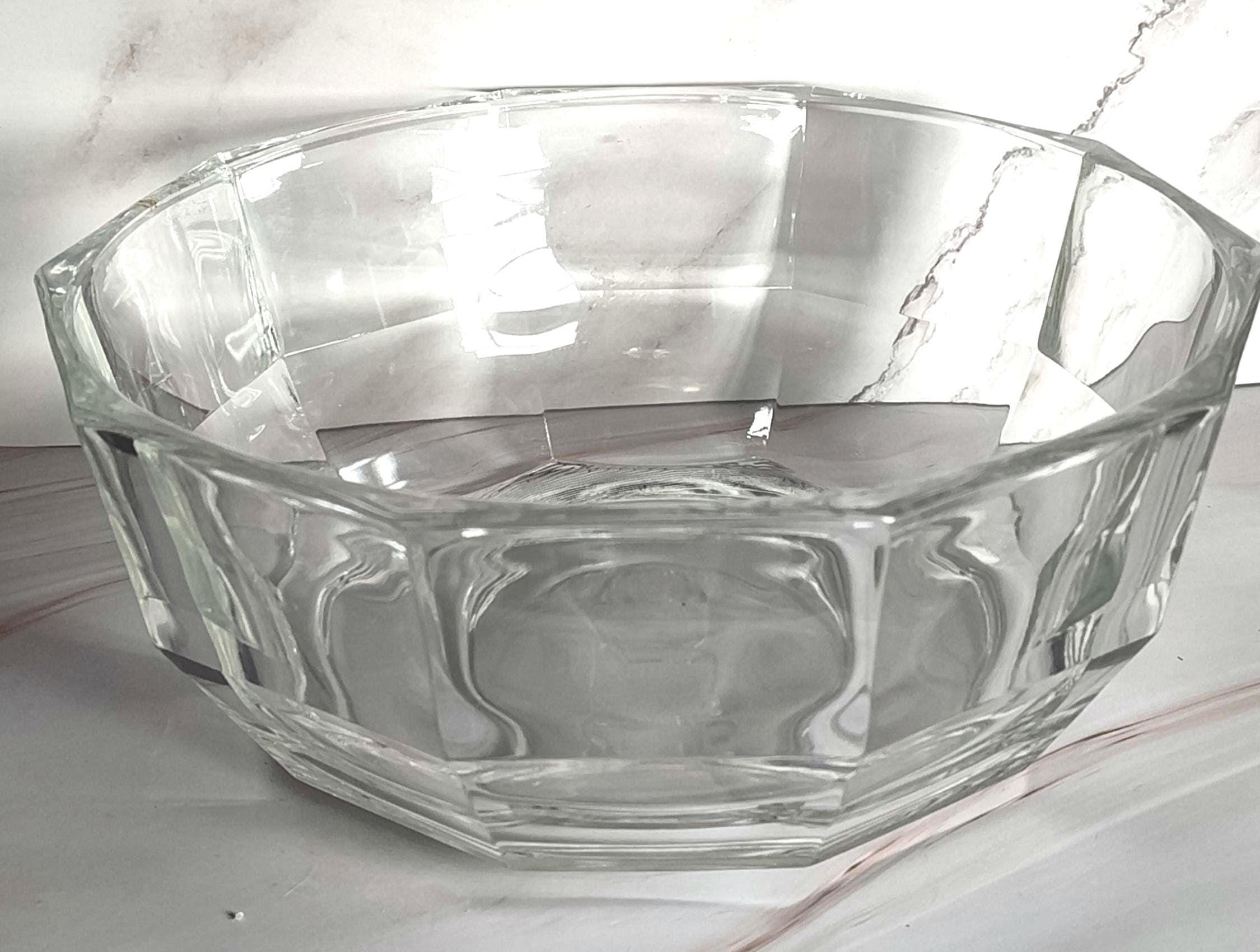Mid Century Modern Crystal Serving Bowl Faceted Paneled Heavy Clear Glass MCM 8.75 Inch