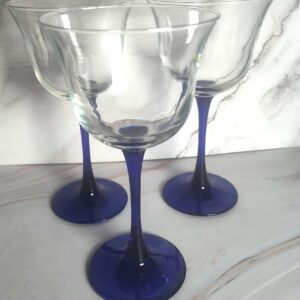 Vintage Luminarc Cobalt Blue Stem Wine Glasses Set of 3 Tulip Shape French Barware