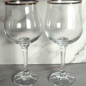 Bohemia Geneve Crystal Wine Goblets, Gold Trim, Faceted Stem Pair