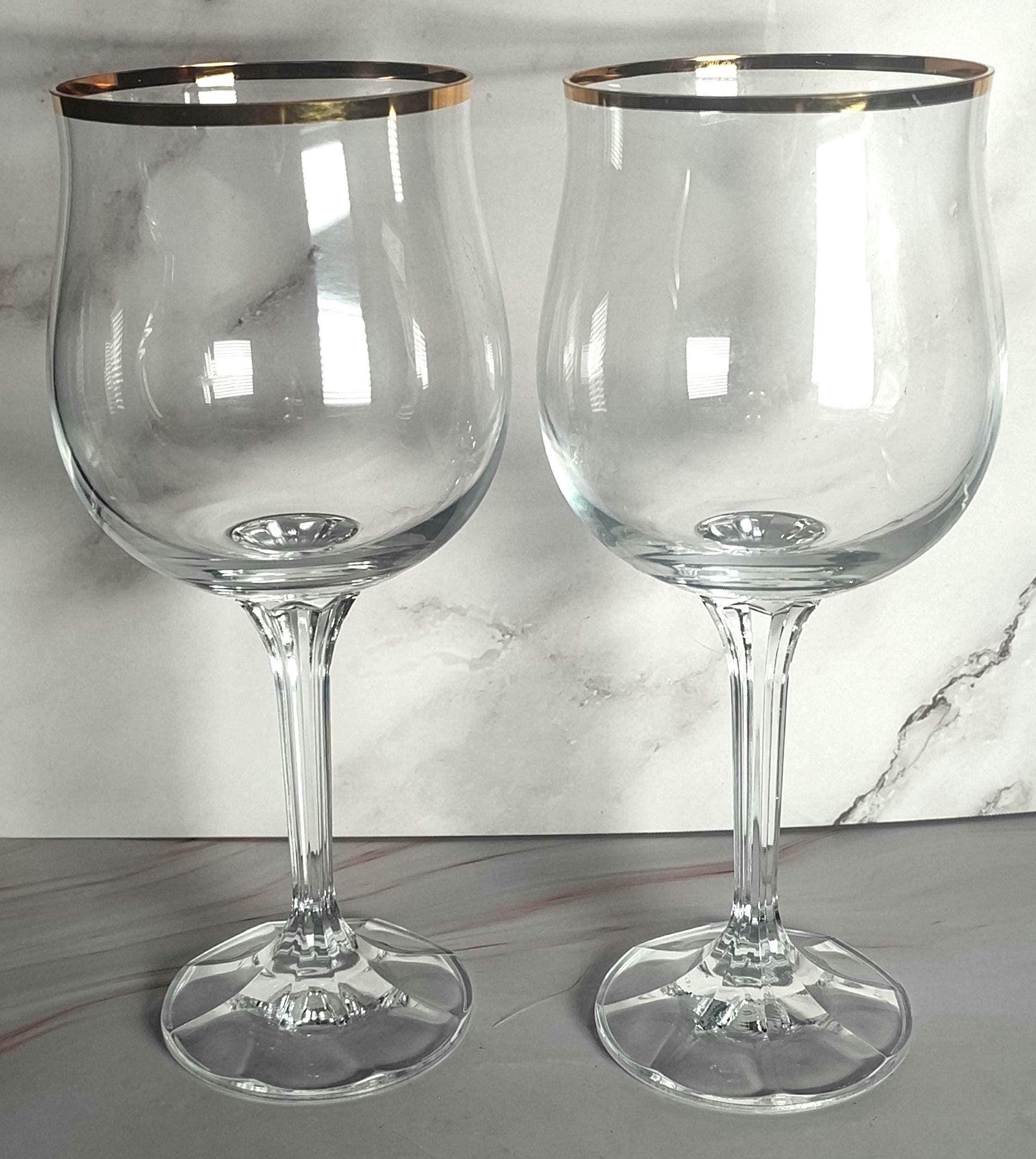 Bohemia Geneve Crystal Wine Goblets, Gold Trim, Faceted Stem Pair