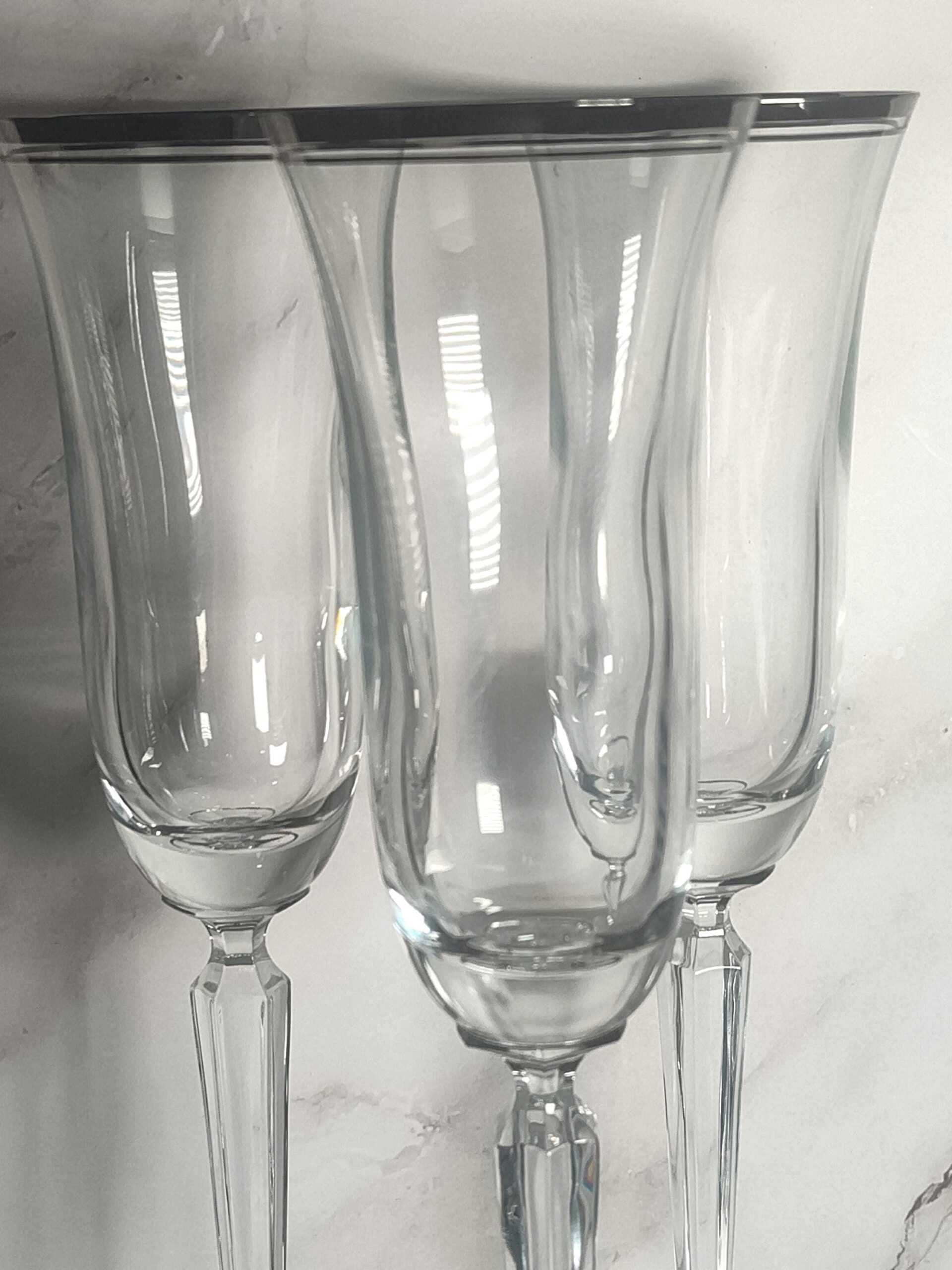 Mikasa Briarcliffe Platinum Rim Lead Crystal Champagne Flutes Set of 3 Faceted Stem - Image 3