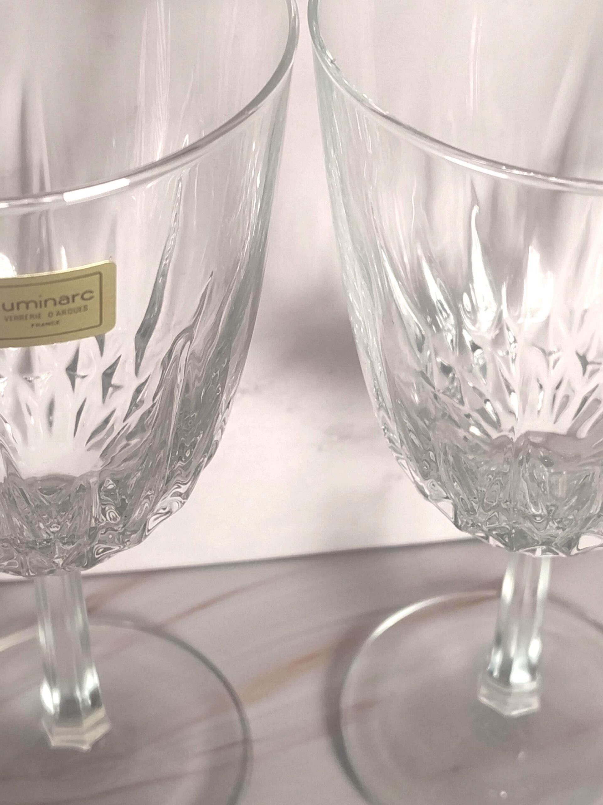 Luminarc Diamant Wine Glasses Pair Verrerie D'Arques France Cut Glass Faceted Stem with Sticker - Image 6