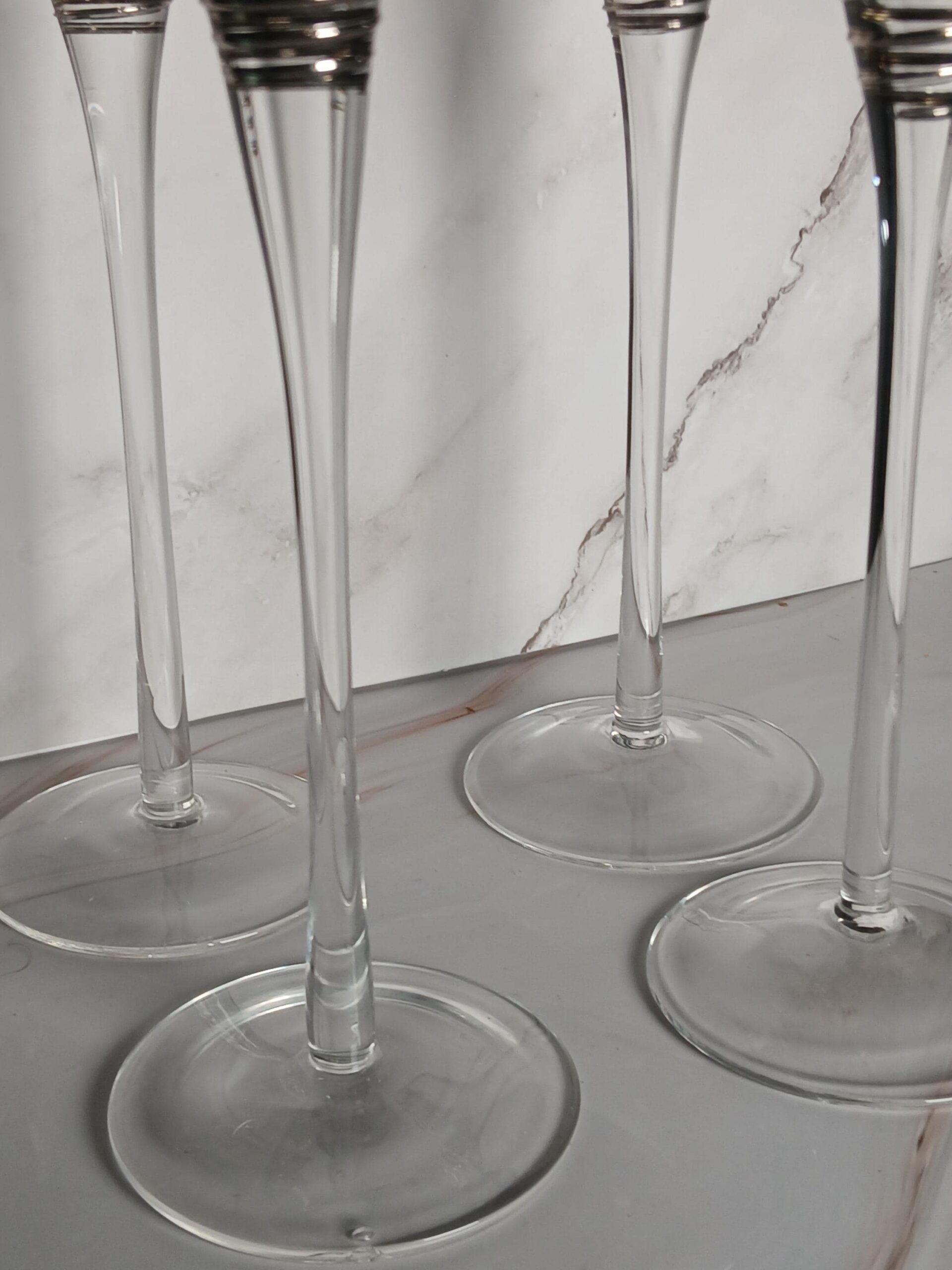 Mid Century Platinum Rim Trumpet Champagne Flutes Set of 4 Crystal Coiled Band MCM - Image 3