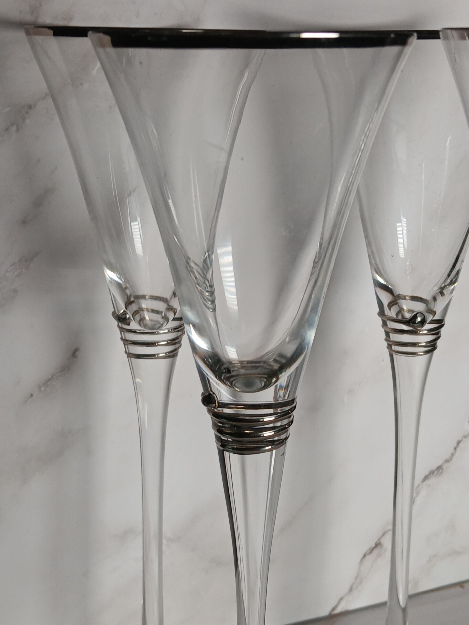 Mid Century Platinum Rim Trumpet Champagne Flutes Set of 4 Crystal Coiled Band MCM - Image 2