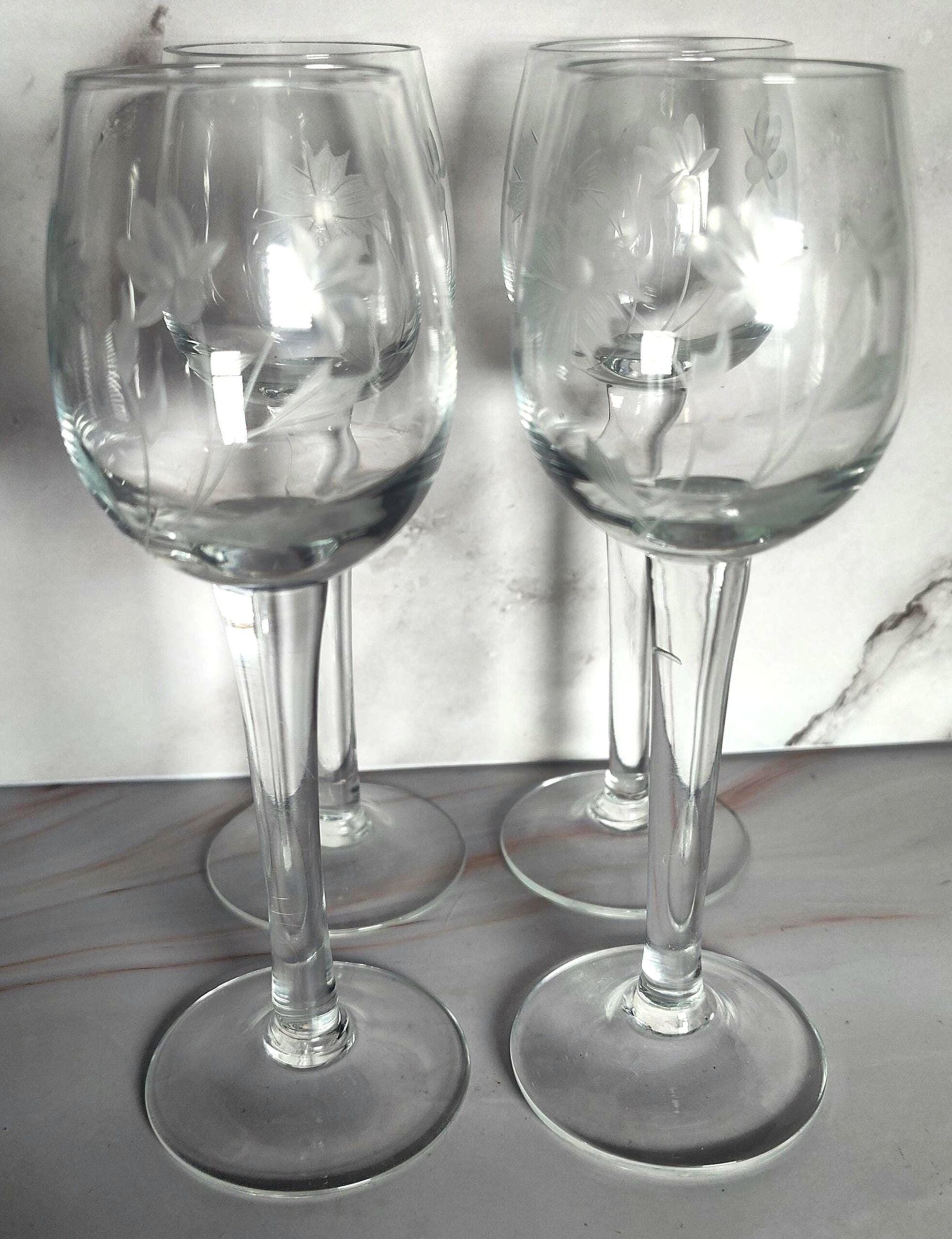 Toscany Crystal Cordial Glasses Set of 4 Etched Floral Butterfly Long Stem Romania Vintage 5 3/4 Inch