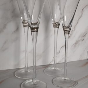 Mid Century Platinum Rim Trumpet Champagne Flutes Set of 4 Crystal Coiled Band MCM