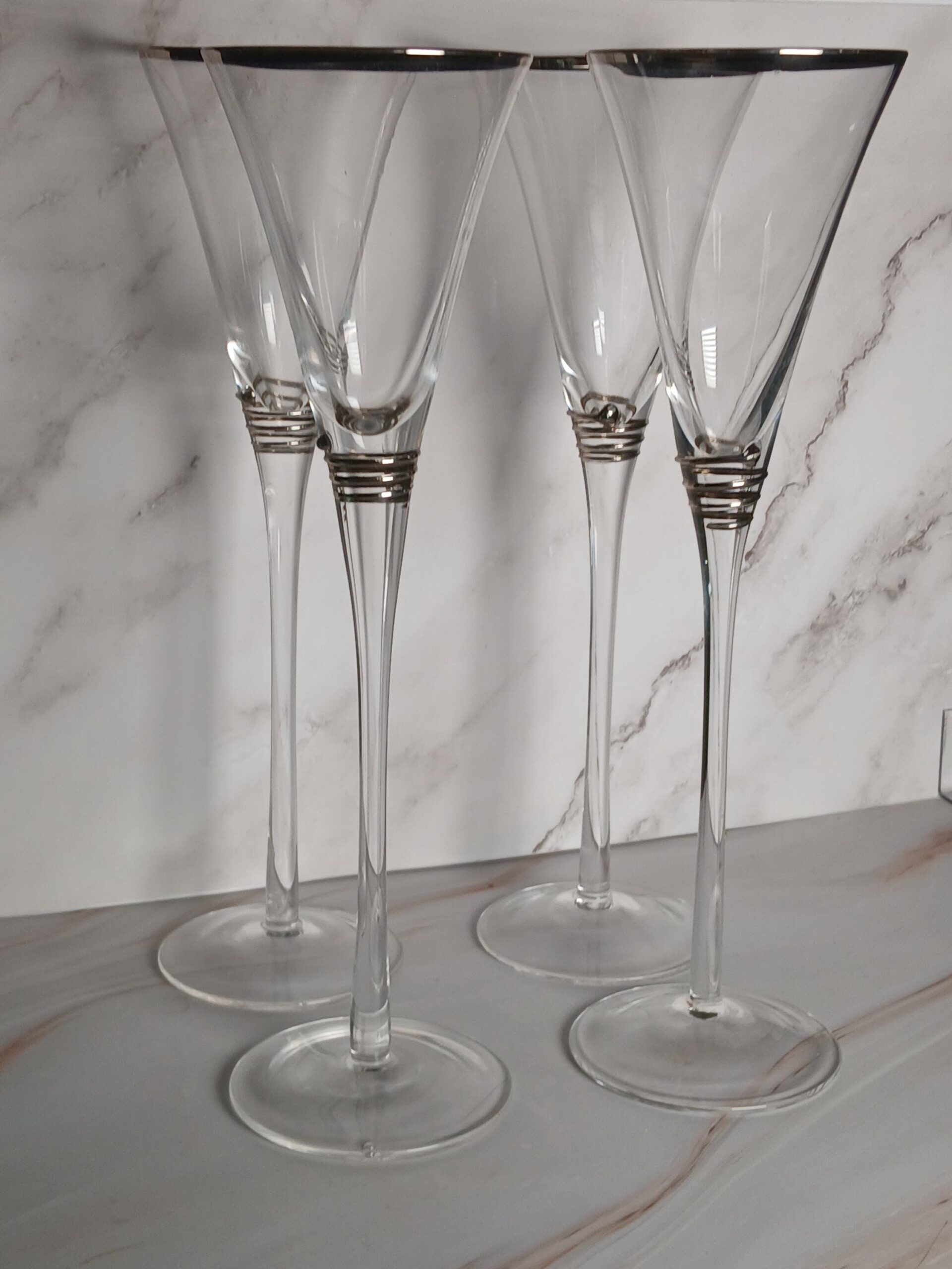 Mid Century Platinum Rim Trumpet Champagne Flutes Set of 4 Crystal Coiled Band MCM