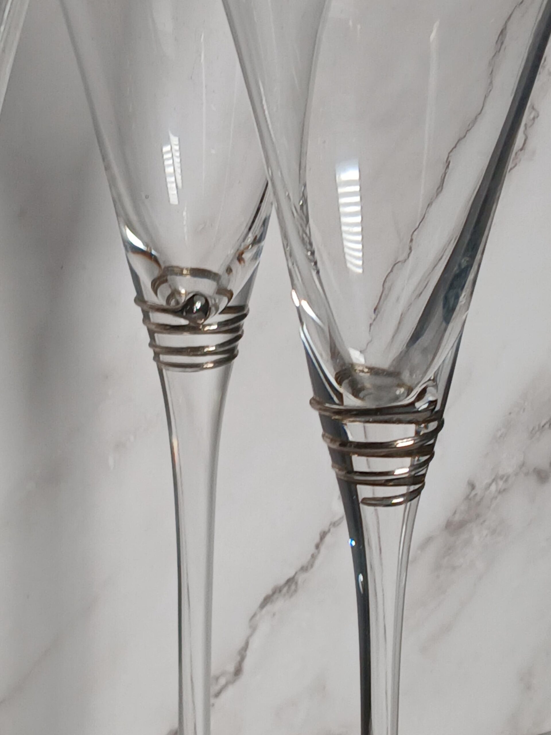 Mid Century Platinum Rim Trumpet Champagne Flutes Set of 4 Crystal Coiled Band MCM - Image 4