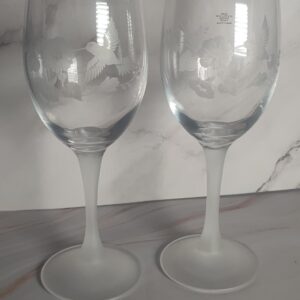Avon Hummingbird Wine Glasses Set of 2 French Lead Crystal Frosted Stem Etched Vintage
