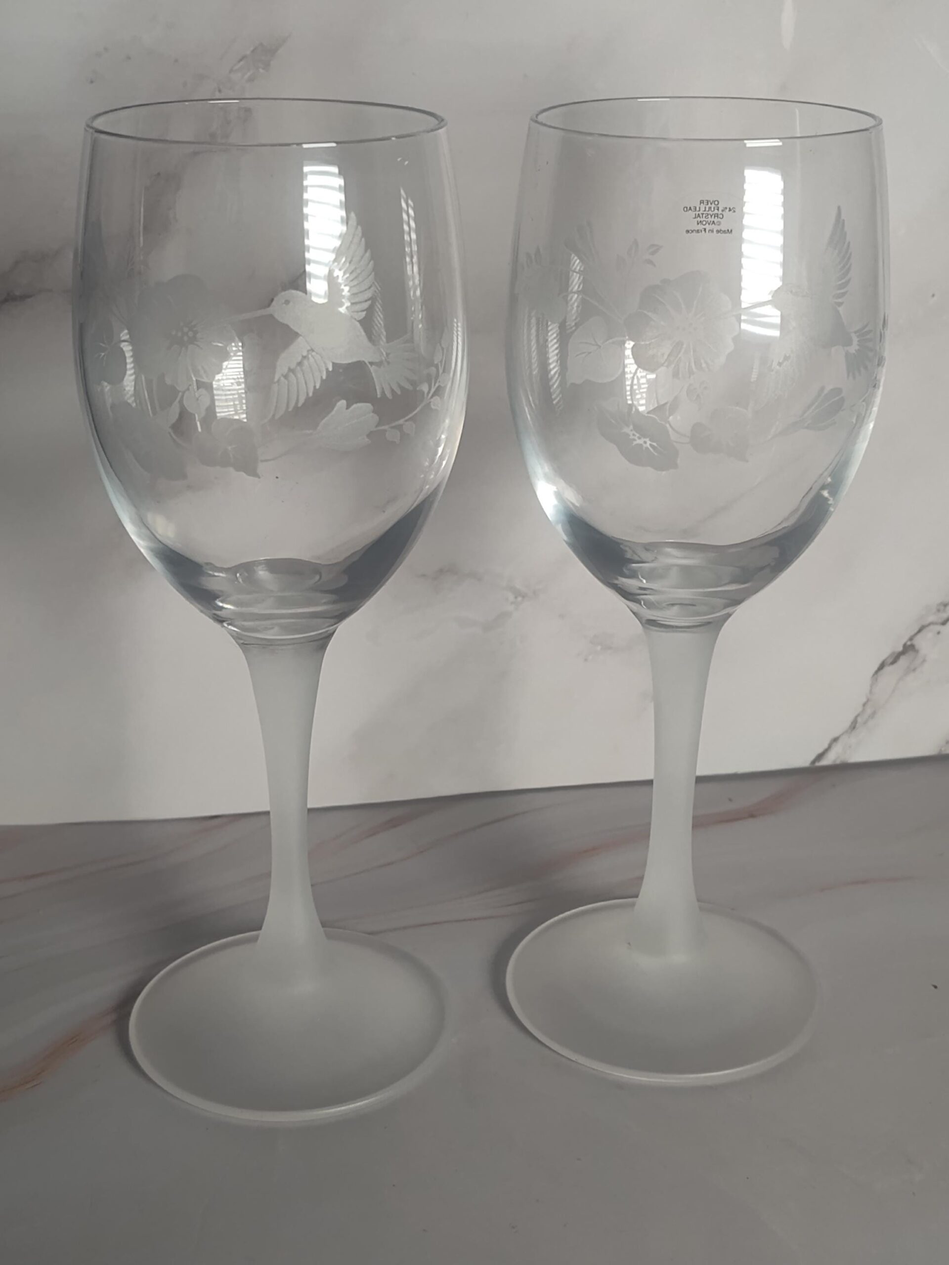 Avon Hummingbird Wine Glasses Set of 2 French Lead Crystal Frosted Stem Etched Vintage