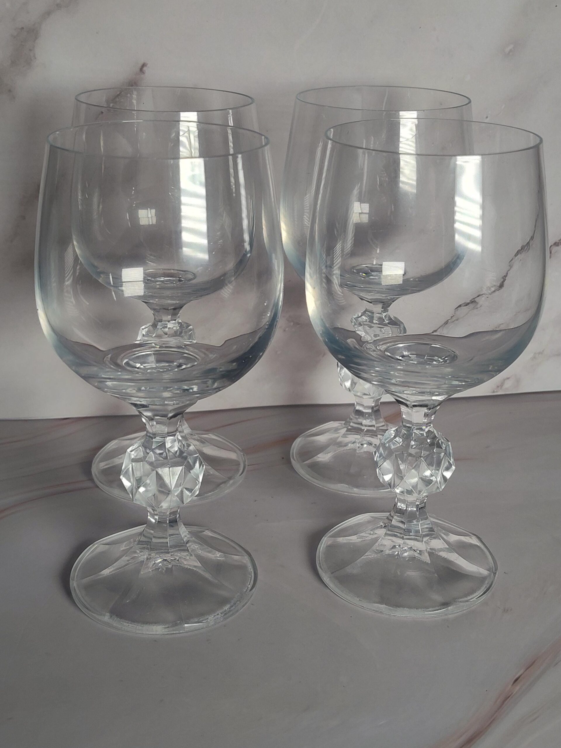 Bohemia Crystal Claudia Wine Glasses Set of 4 Czech Faceted Ball Stem Vintage