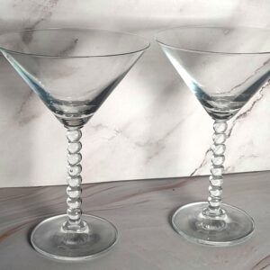 Martini Glasses Set of 2 Beaded Crystal Ball Stem Clear Cocktail Barware Vintage 6 3/4 Inch