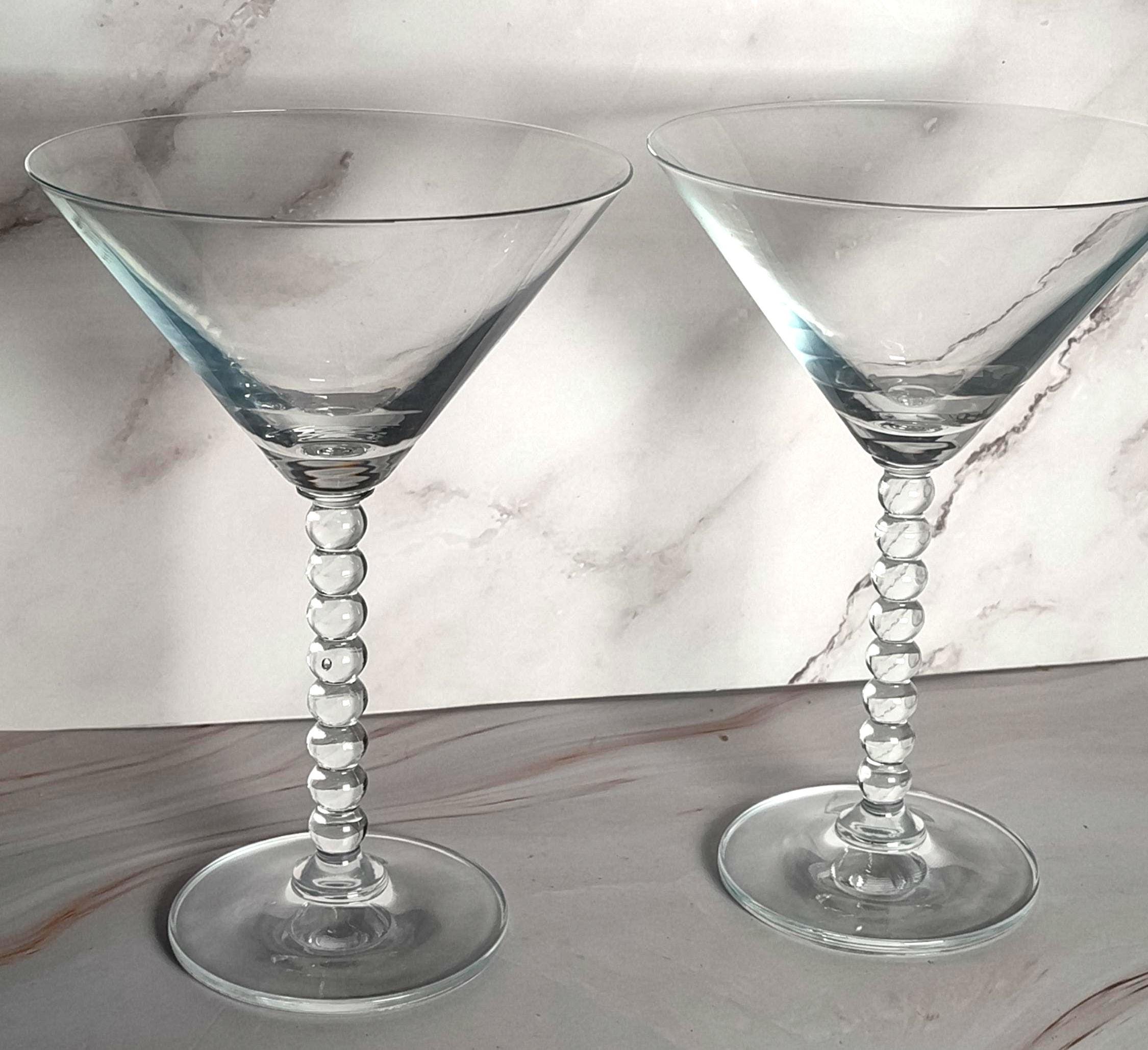 Martini Glasses Set of 2 Beaded Crystal Ball Stem Clear Cocktail Barware Vintage 6 3/4 Inch
