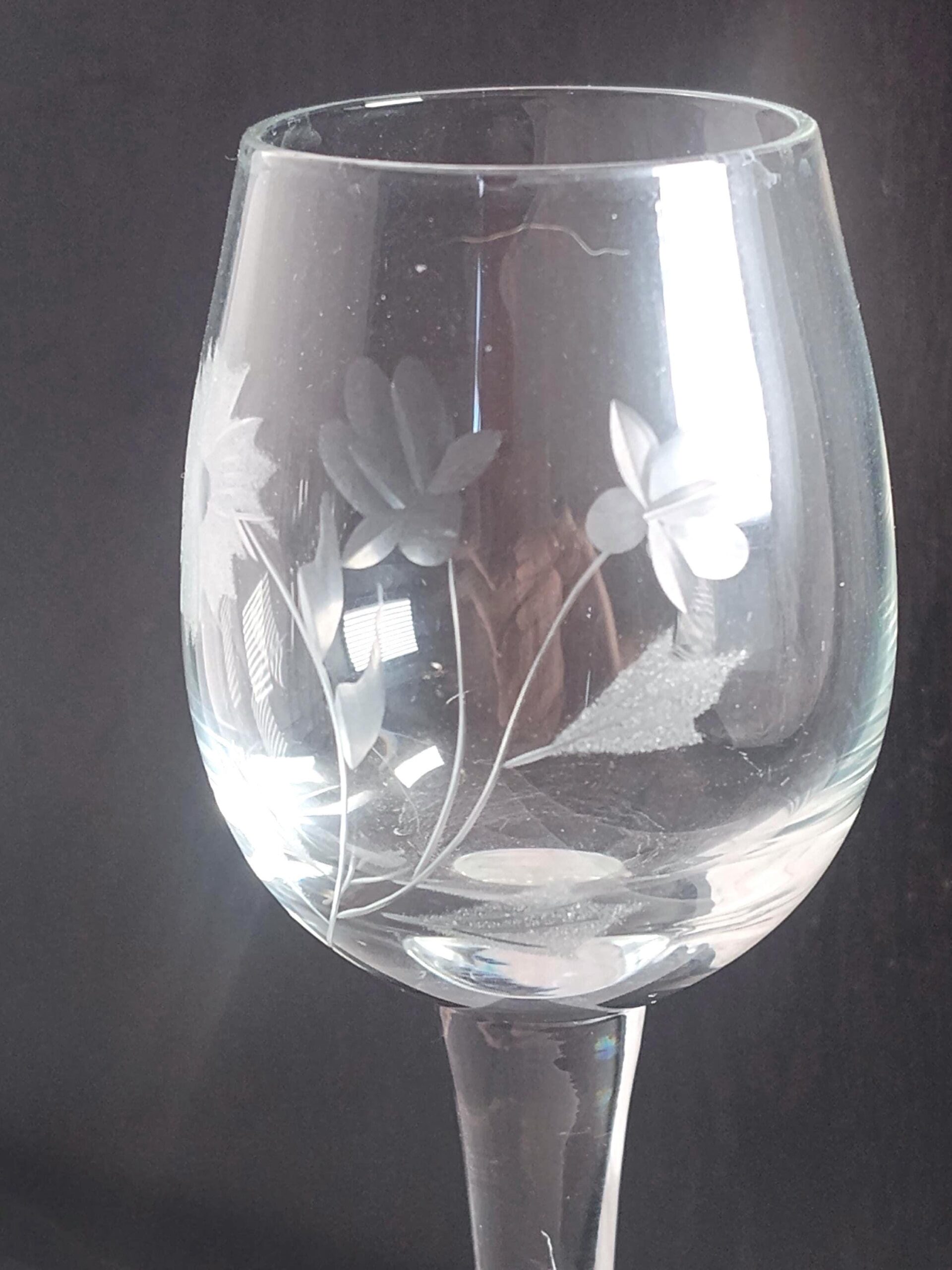 Toscany Crystal Cordial Glasses Set of 4 Etched Floral Butterfly Long Stem Romania Vintage 5 3/4 Inch - Image 2